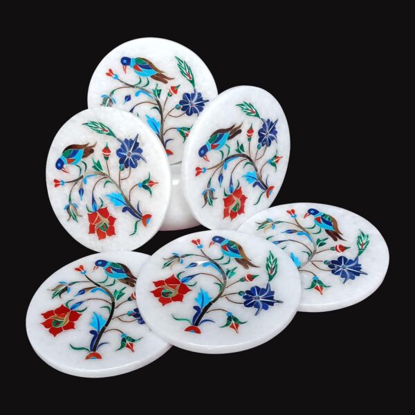 ArtEra Handcrafted Marble Coaster Set with semi-Precious Stone Inlay Work (6 Coasters and Holder, 4 inch)