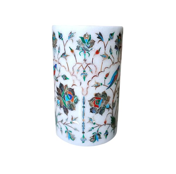 ArtEra Marble Handicrafted Inlaid with Semi-Precious Stones Decorative Flower Pot (15 * 9.5 CM) | Piera Dura Handmade Marble Flower Pot (Primary Color - Silver)