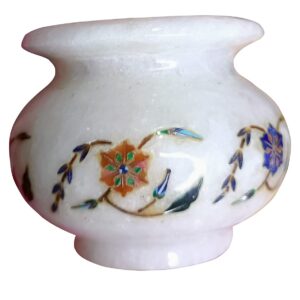 ArtEra Marble Handicrafted Inlaid with Semi-Precious Stones Decorative Flower Pot (10.5 * 6.5 CM) | Piera Dura Handmade Marble Flower Pot (Primary Color - Silver)