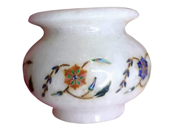 ArtEra Marble Handicrafted Inlaid with Semi-Precious Stones Decorative Flower Pot (10.5 * 6.5 CM) | Piera Dura Handmade Marble Flower Pot (Primary Color - Silver)