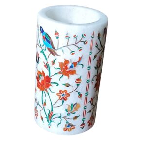 ArtEra Marble Handicrafted Inlaid with Semi-Precious Stones Decorative Flower Pot (13 * 7.5 CM) | Piera Dura Handmade Marble Flower Pot (Primary Color - Red)