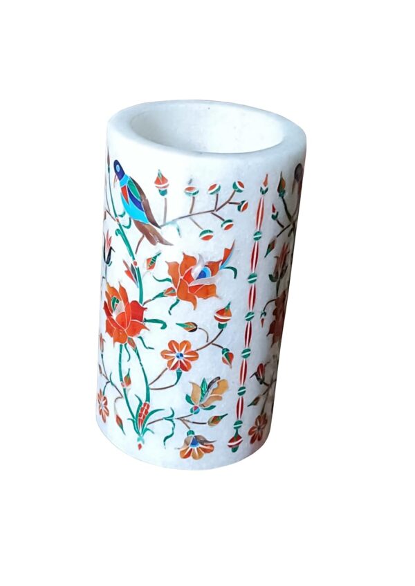 ArtEra Marble Handicrafted Inlaid with Semi-Precious Stones Decorative Flower Pot (13 * 7.5 CM) | Piera Dura Handmade Marble Flower Pot (Primary Color - Red)