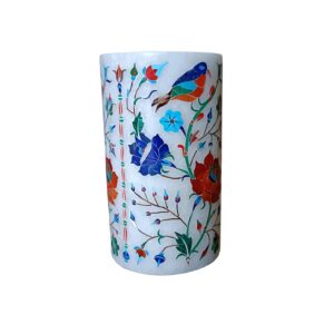 ArtEra Marble Handicrafted Inlaid with Semi-Precious Stones Decorative Flower Pot (15 * 9 CM) | Piera Dura Handmade Marble Flower Pot (Primary Color - Multicolor)