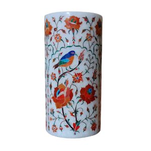 ArtEra Marble Handicrafted Inlaid with Semi-Precious Stones Decorative Flower Pot (20.5 * 9.5 CM) | Piera Dura Handmade Marble Flower Pot (Primary Color - Red)