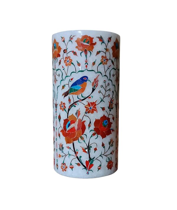 ArtEra Marble Handicrafted Inlaid with Semi-Precious Stones Decorative Flower Pot (20.5 * 9.5 CM) | Piera Dura Handmade Marble Flower Pot (Primary Color - Red)