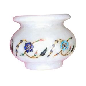 ArtEra Marble Handicrafted Inlaid with Semi-Precious Stones Decorative Small Flower Pot (4 inch) | Piera Dura Handmade Marble Pot (Multicolor)