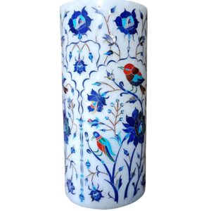 ArtEra Marble Handicrafted Inlaid with Semi-Precious Stones Decorative Flower Pot (20 * 9.5 CM) | Piera Dura Handmade Marble Flower Pot (Primary Color - Blue)