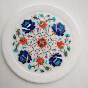 ArtEra Marble Inlay Arts White Marble Handcrafted semi-Precious Inlay Stones Plate (8 inches) for Home Decor