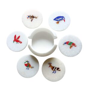 ArtEra's Marble Coaster Set with Semi-Precious Stones Inlay Work | Different Birds Design (6 trivets with Holder, Diameter - 4 inch)