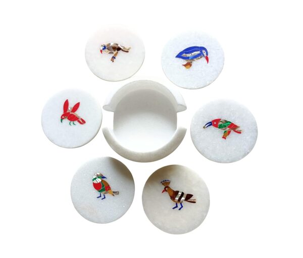 ArtEra's Marble Coaster Set with Semi-Precious Stones Inlay Work | Different Birds Design (6 trivets with Holder, Diameter - 4 inch)