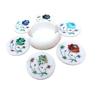 ArtEra's Marble Coaster Set with Semi-Precious Stones Inlay Work (AE-11)| Multicolor (6 trivets with Holder, Diameter - 4 inch)