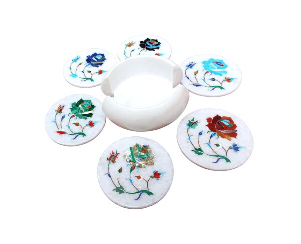 ArtEra's Marble Coaster Set with Semi-Precious Stones Inlay Work (AE-11)| Multicolor (6 trivets with Holder, Diameter - 4 inch)