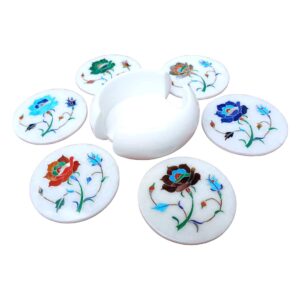 ArtEra's Marble Coaster Set with Semi-Precious Stones Inlay Work (AE-10)| Multicolor (6 trivets with Holder, Diameter - 4 inch)