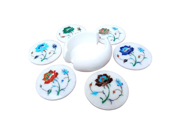 ArtEra's Marble Coaster Set with Semi-Precious Stones Inlay Work (AE-10)| Multicolor (6 trivets with Holder, Diameter - 4 inch)