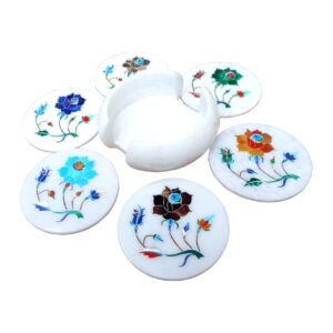 ArtEra's Marble Coaster Set with Semi-Precious Stones Inlay Work (AE-09)| Multicolor (6 trivets with Holder, Diameter - 4 inch)