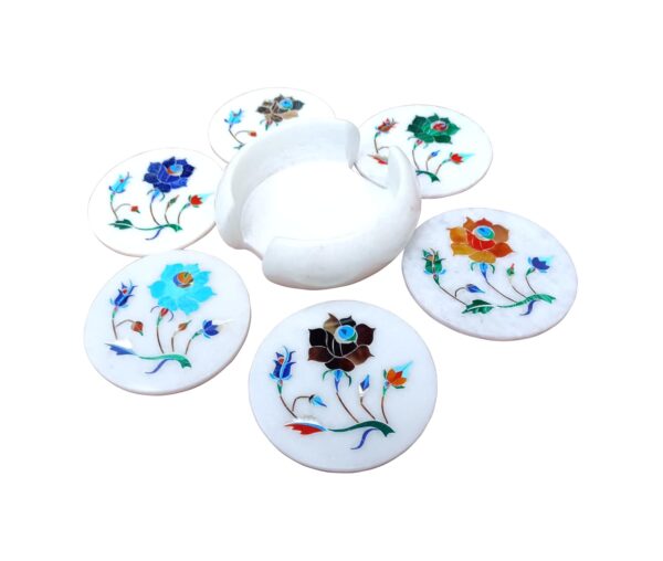 ArtEra's Marble Coaster Set with Semi-Precious Stones Inlay Work (AE-09)| Multicolor (6 trivets with Holder, Diameter - 4 inch)