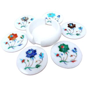 ArtEra's Marble Coaster Set with Semi-Precious Stones Inlay Work (AE-08)| Multicolor (6 trivets with Holder, Diameter - 4 inch)