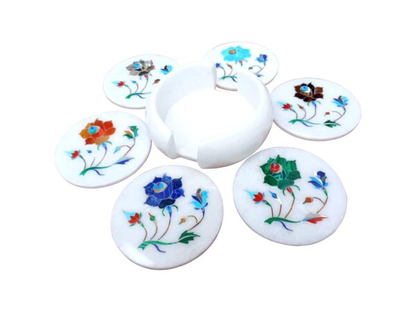 ArtEra's Marble Coaster Set with Semi-Precious Stones Inlay Work (AE-08)| Multicolor (6 trivets with Holder, Diameter - 4 inch)