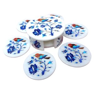 ArtEra's Marble Coaster Set with Semi-Precious Stones Inlay Work (AE-07)| Blue (6 trivets with Holder and Lid, Diameter - 5 inch)