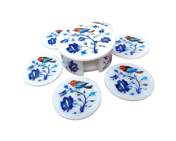 ArtEra's Marble Coaster Set with Semi-Precious Stones Inlay Work (AE-07)| Blue (6 trivets with Holder and Lid, Diameter - 5 inch)