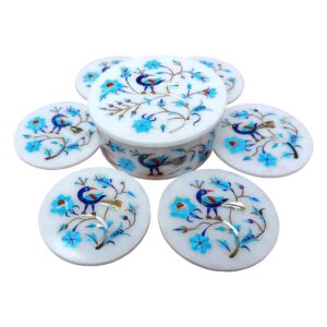 ArtEra's Marble Coaster Set with Semi-Precious Stones Inlay Work (AE-06)| Turqoise (6 trivets with Holder and Lid, Diameter - 5 inch)