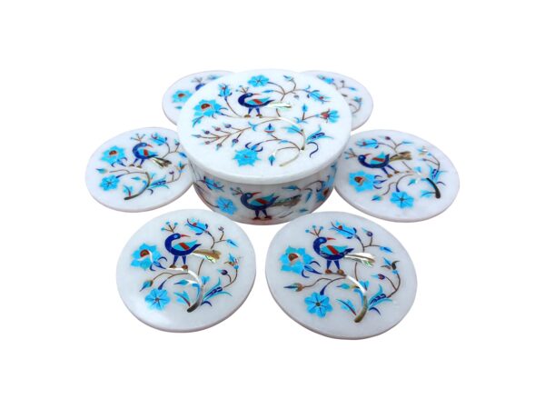 ArtEra's Marble Coaster Set with Semi-Precious Stones Inlay Work (AE-06)| Turqoise (6 trivets with Holder and Lid, Diameter - 5 inch)