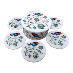 ArtEra's Marble Coaster Set with Semi-Precious Stones Inlay Work (AE-05)| Colorful Silver Grey (6 trivets with Holder and Lid, Diameter - 5 inch)