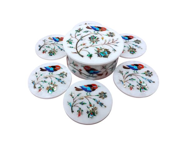 ArtEra's Marble Coaster Set with Semi-Precious Stones Inlay Work (AE-05)| Colorful Silver Grey (6 trivets with Holder and Lid, Diameter - 5 inch)
