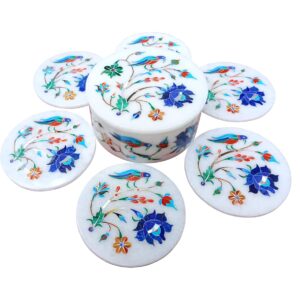 ArtEra's Marble Coaster Set with Semi-Precious Stones Inlay Work (AE-04)| Blue (6 trivets with Holder and Lid, Diameter - 5 inch)