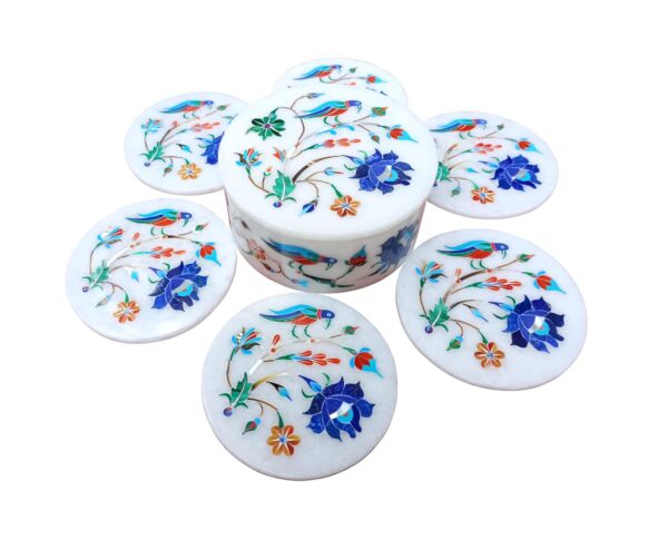 ArtEra's Marble Coaster Set with Semi-Precious Stones Inlay Work (AE-04)| Blue (6 trivets with Holder and Lid, Diameter - 5 inch)