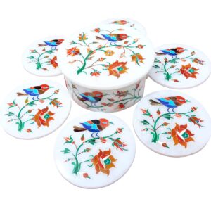 ArtEra's Marble Coaster Set with Semi-Precious Stones Inlay Work (AE-03)| Multicolor (6 trivets with Holder and Lid, Diameter - 5 inch)