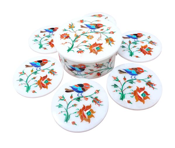 ArtEra's Marble Coaster Set with Semi-Precious Stones Inlay Work (AE-03)| Multicolor (6 trivets with Holder and Lid, Diameter - 5 inch)