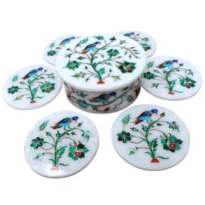 ArtEra's Marble Coaster Set with Semi-Precious Stones Inlay Work (AE-02)| Green (6 trivets with Holder and Lid, Diameter - 5 inch)