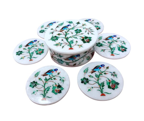 ArtEra's Marble Coaster Set with Semi-Precious Stones Inlay Work (AE-02)| Green (6 trivets with Holder and Lid, Diameter - 5 inch)