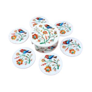 ArtEra's Marble Coaster Set with Semi-Precious Stones Inlay Work (AE-01)| Multicolor (6 trivets with Holder and Lid, Diameter - 5 inch)