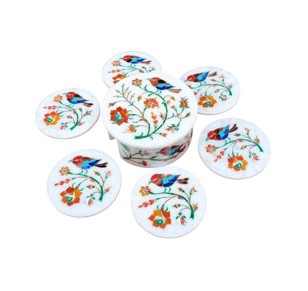 ArtEra's Marble Coaster Set with Semi-Precious Stones Inlay Work (AE-01)| Multicolor (6 trivets with Holder and Lid, Diameter - 5 inch)