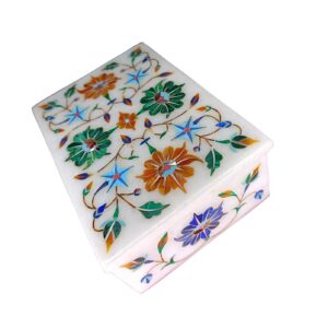 ArtEra MHA Marble Handicrafted Inlaid with Semi-Precious Stones Decorative Box (5 X 3 X 2) | Designer Handmade Marble Box (Multicolor)