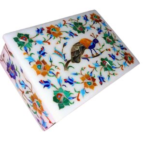 ArtEra MHA Marble Handicrafted Inlaid with Semi-Precious Stones Decorative Box (6 X 4 X 2) | Piera Dura Handmade Marble Box (Multicolor)