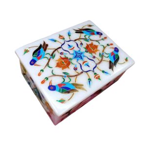 ArtEra MHA Marble Handicrafted Inlaid with Semi-Precious Stones Decorative Box (4 X 3 X 2) | Piera Dura Handmade Marble Box (Multicolor)