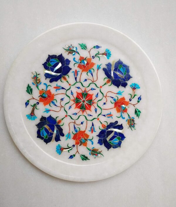 ArtEra Marble Inlay Arts White Marble Handcrafted semi-Precious Inlay Stones Plate (8 inches) for Home Decor