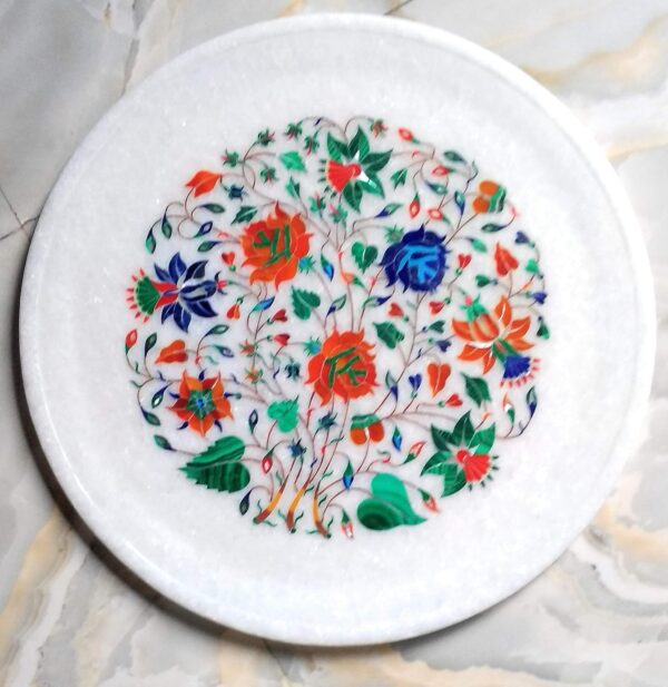 ArtEra White Marble Handcrafted semi-Precious Inlay Stones Plate kaner Flower Edition (11 inches) for Home Decor