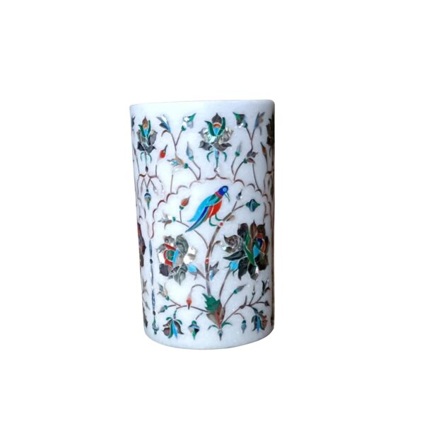 ArtEra Marble Handicrafted Inlaid with Semi-Precious Stones Decorative Flower Pot (15 * 9.5 CM) | Piera Dura Handmade Marble Flower Pot (Primary Color - Silver)