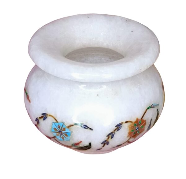 ArtEra Marble Handicrafted Inlaid with Semi-Precious Stones Decorative Flower Pot (10.5 * 6.5 CM) | Piera Dura Handmade Marble Flower Pot (Primary Color - Silver)