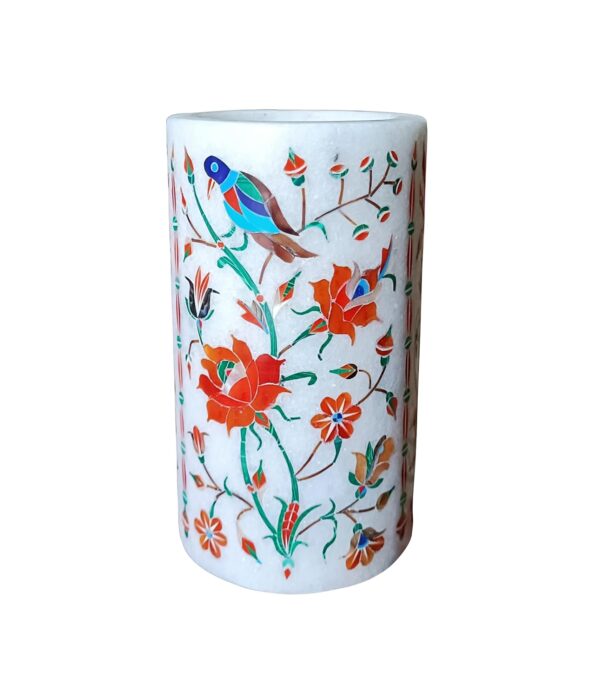 ArtEra Marble Handicrafted Inlaid with Semi-Precious Stones Decorative Flower Pot (13 * 7.5 CM) | Piera Dura Handmade Marble Flower Pot (Primary Color - Red)