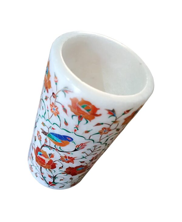 ArtEra Marble Handicrafted Inlaid with Semi-Precious Stones Decorative Flower Pot (20.5 * 9.5 CM) | Piera Dura Handmade Marble Flower Pot (Primary Color - Red)