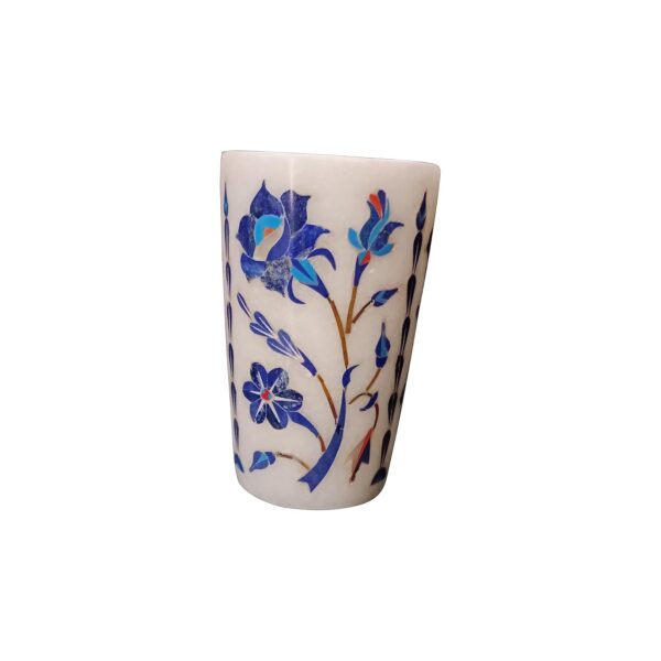 ArtEra Marble Handicrafted Inlaid with Semi-Precious Stones Decorative Glass (3 * 2 INCH) | Piera Dura Handmade Marble Glass Showpiece (Style 14, Blue)