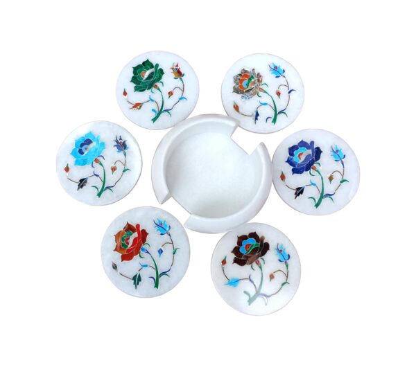 ArtEra's Marble Coaster Set with Semi-Precious Stones Inlay Work (AE-10)| Multicolor (6 trivets with Holder, Diameter - 4 inch)