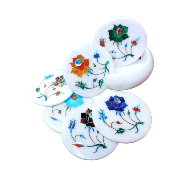 ArtEra's Marble Coaster Set with Semi-Precious Stones Inlay Work (AE-09)| Multicolor (6 trivets with Holder, Diameter - 4 inch)