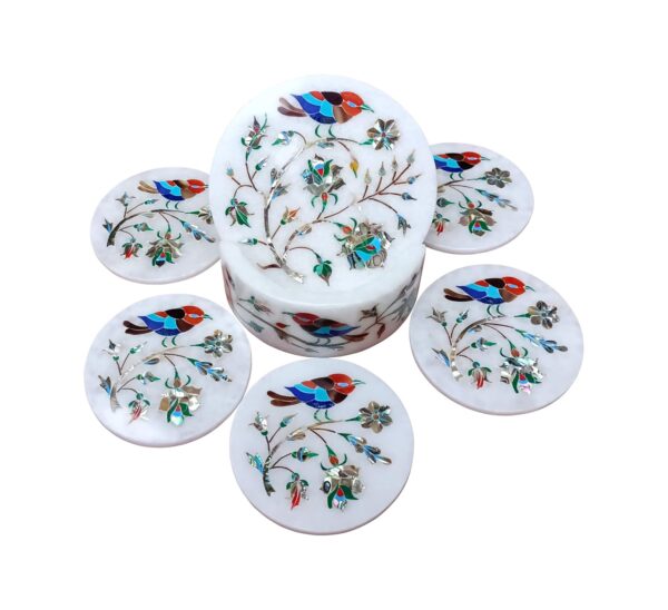 ArtEra's Marble Coaster Set with Semi-Precious Stones Inlay Work (AE-05)| Colorful Silver Grey (6 trivets with Holder and Lid, Diameter - 5 inch)