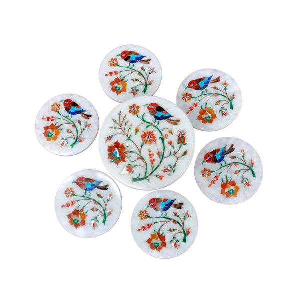 ArtEra's Marble Coaster Set with Semi-Precious Stones Inlay Work (AE-01)| Multicolor (6 trivets with Holder and Lid, Diameter - 5 inch)